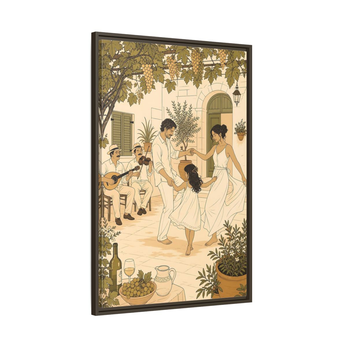 Main Mockup. Nature Family Dancing Mediterranean Courtyard shown as framed canvas print
