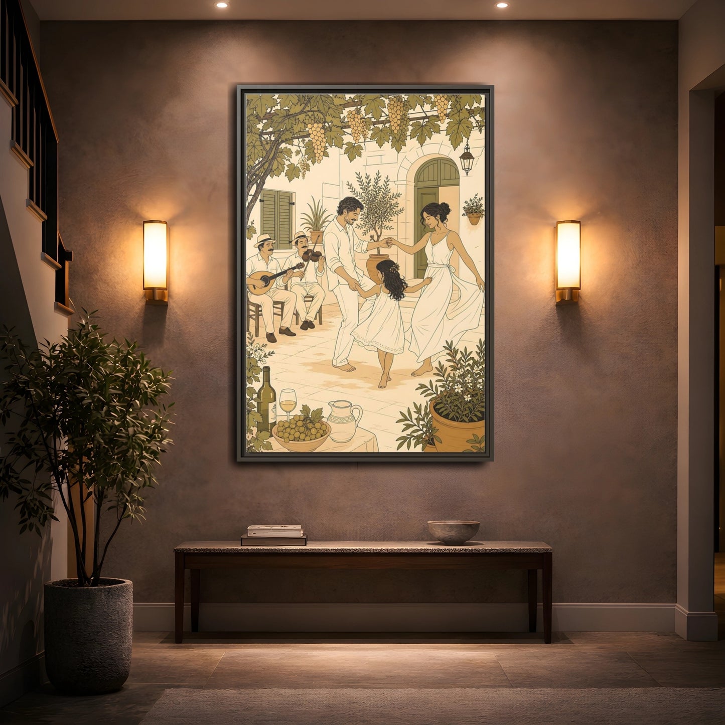 Mockup 2. Nature Family Dancing Mediterranean Courtyard shown as framed canvas print