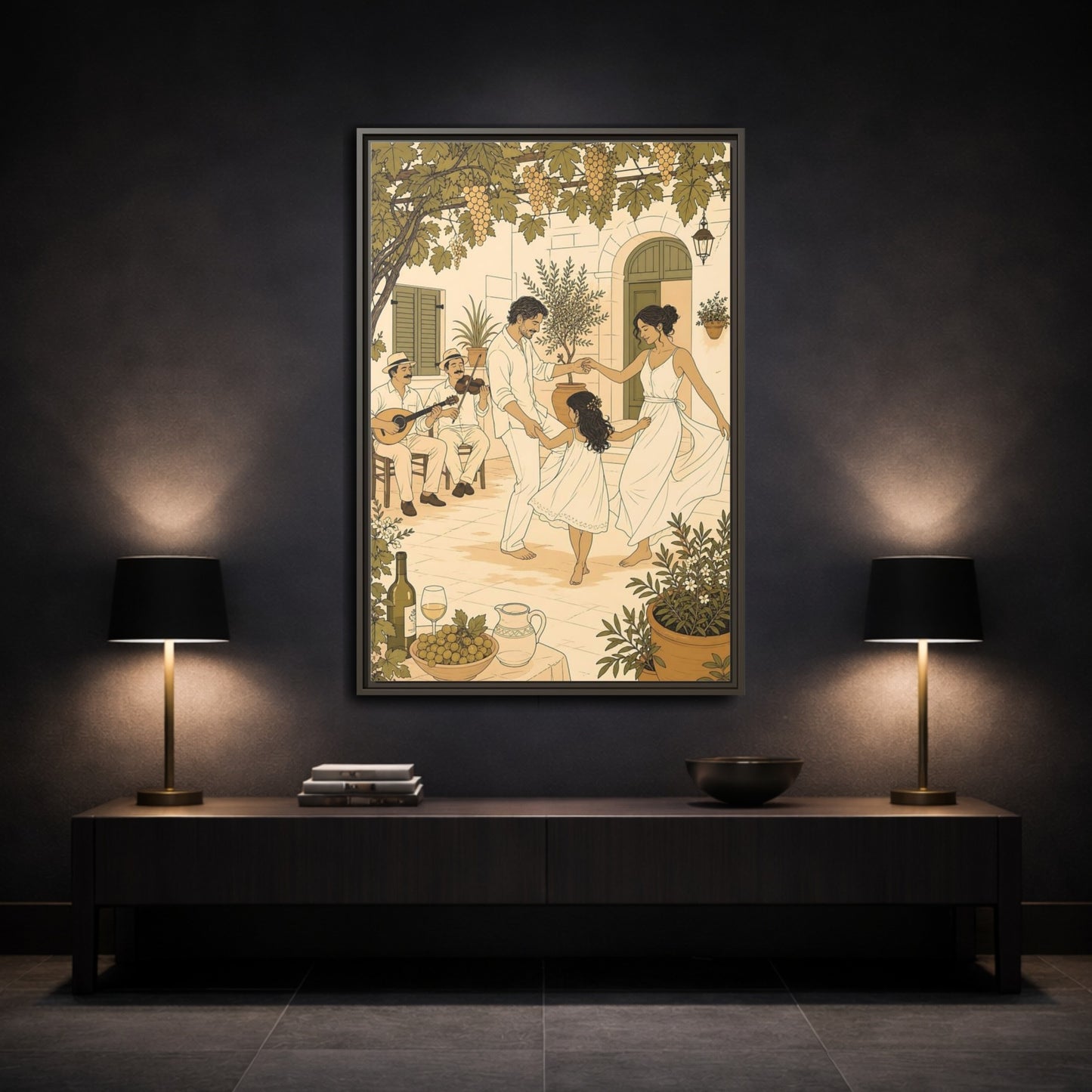 Mockup 3. Nature Family Dancing Mediterranean Courtyard shown as framed canvas print