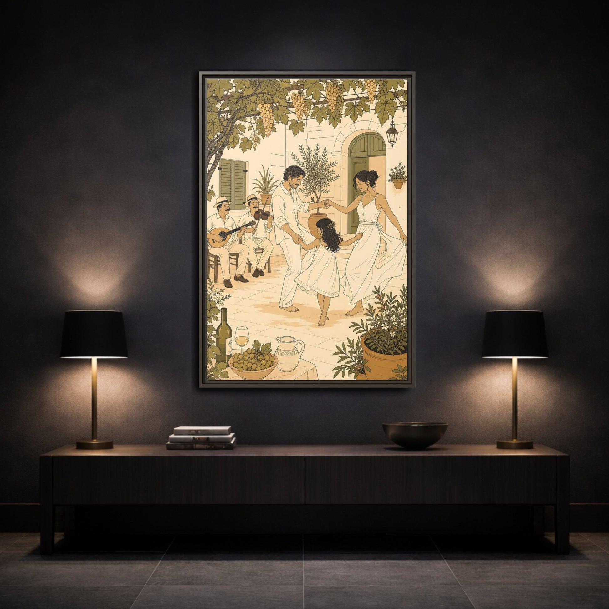 Mockup 3. Nature Family Dancing Mediterranean Courtyard shown as framed canvas print
