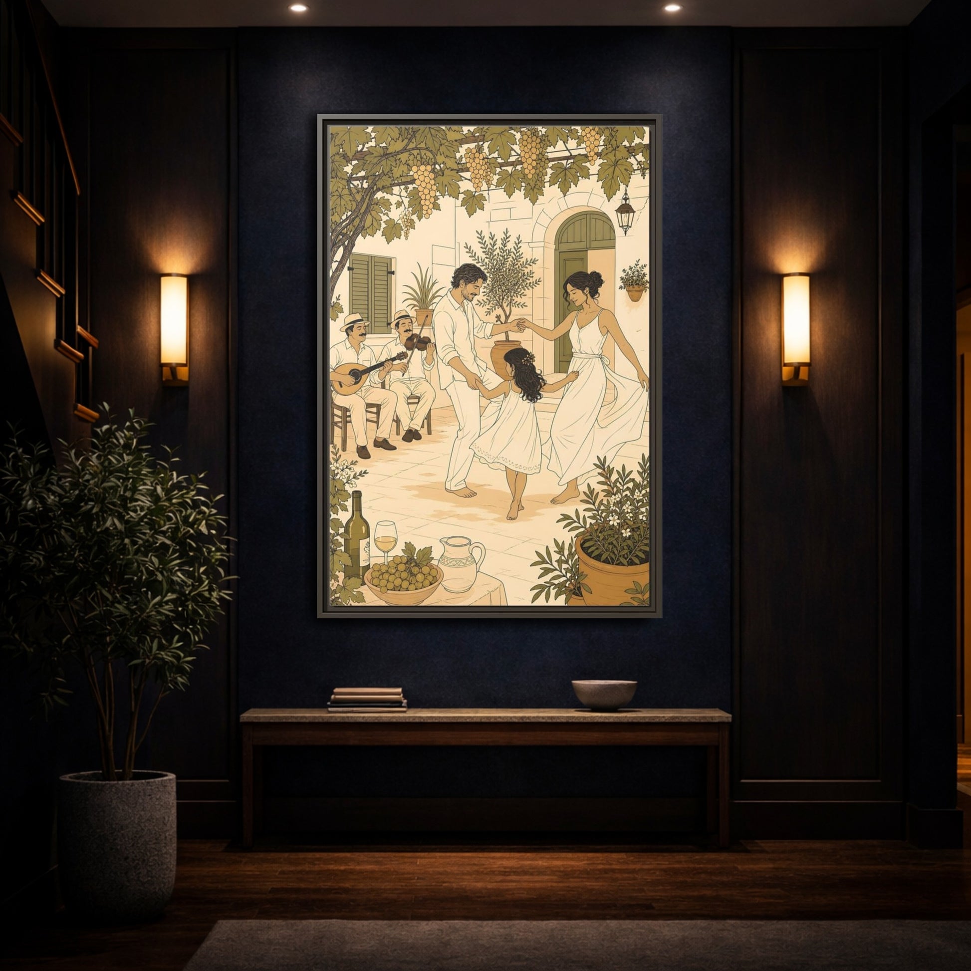 Mockup 4. Nature Family Dancing Mediterranean Courtyard shown as framed canvas print