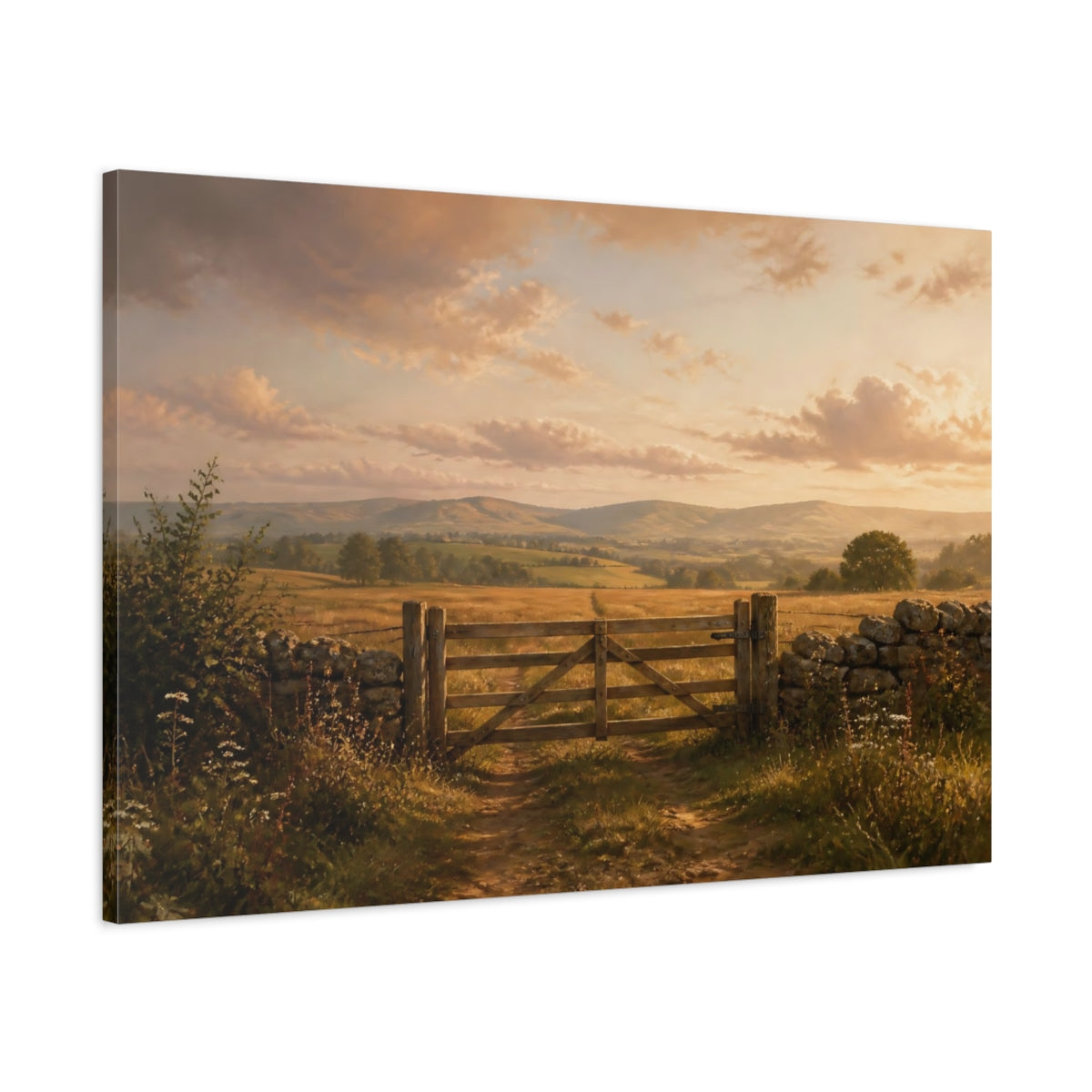 Main Mockup. Nature Farm Gate Golden Countryside shown as stretched canvas wall art
