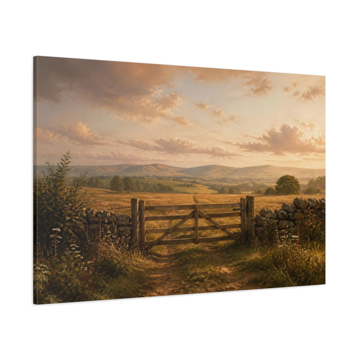 Side Mockup 1. Nature Farm Gate Golden Countryside shown as stretched canvas wall art