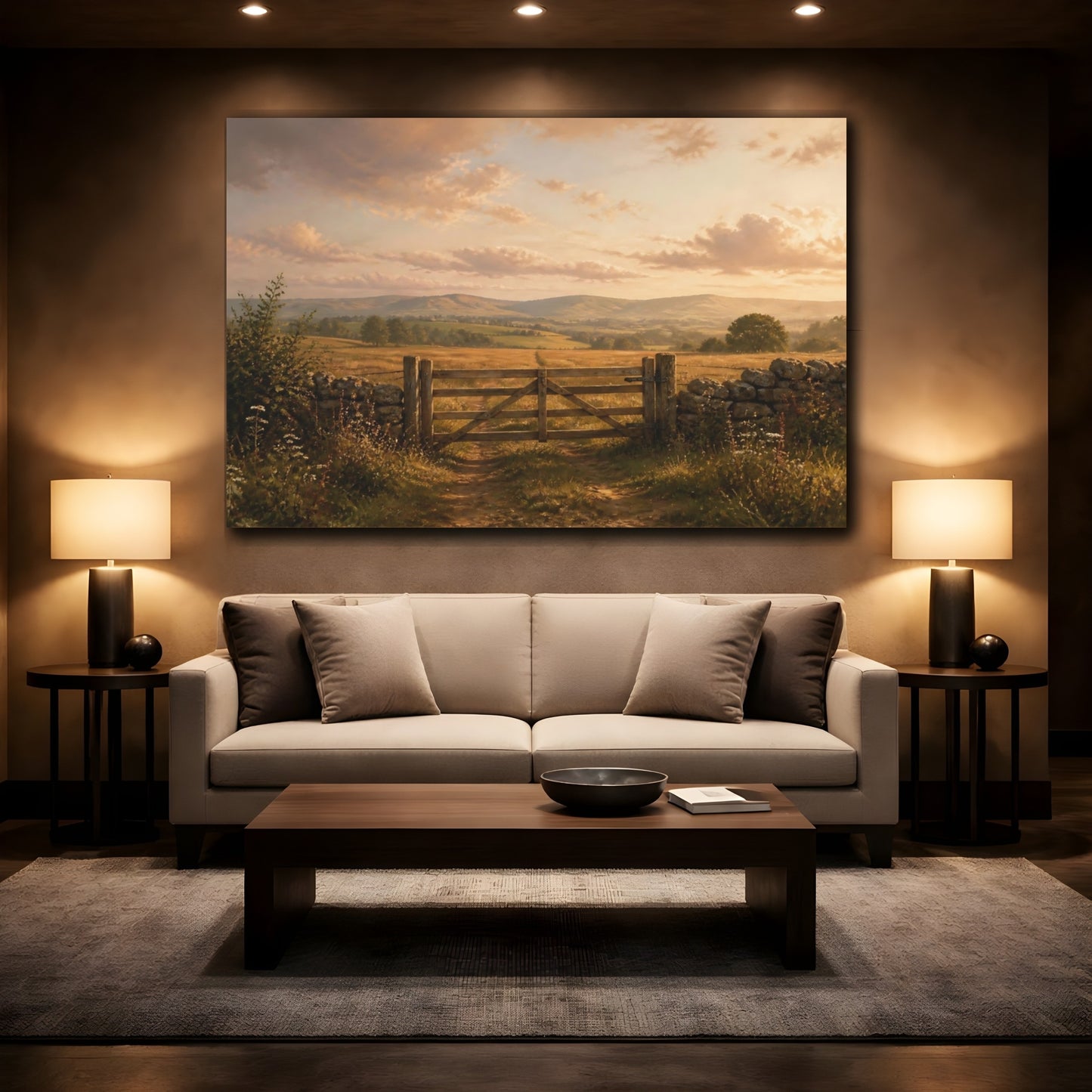 Mockup 2. Nature Farm Gate Golden Countryside shown as stretched canvas wall art