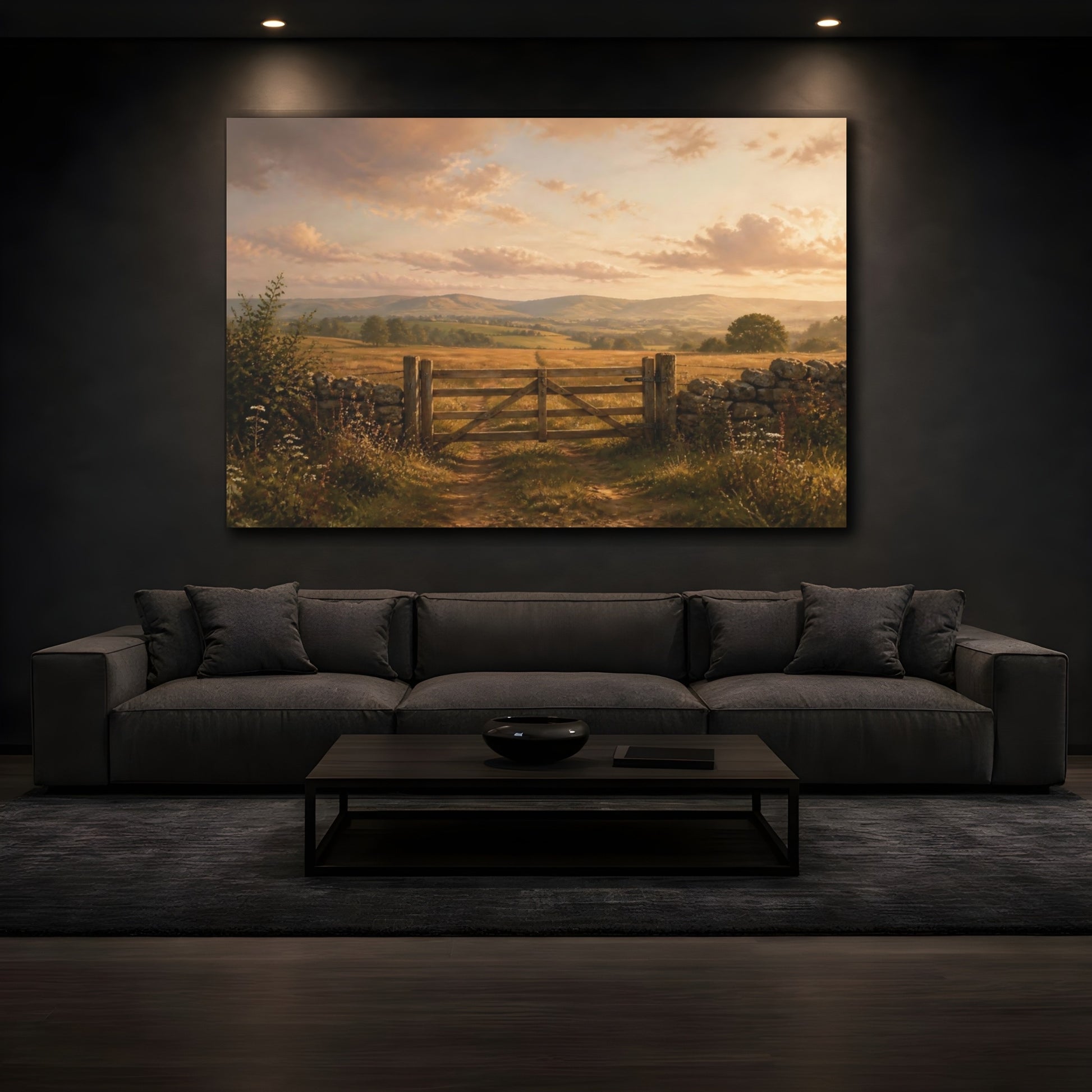 Mockup 3. Nature Farm Gate Golden Countryside shown as stretched canvas wall art