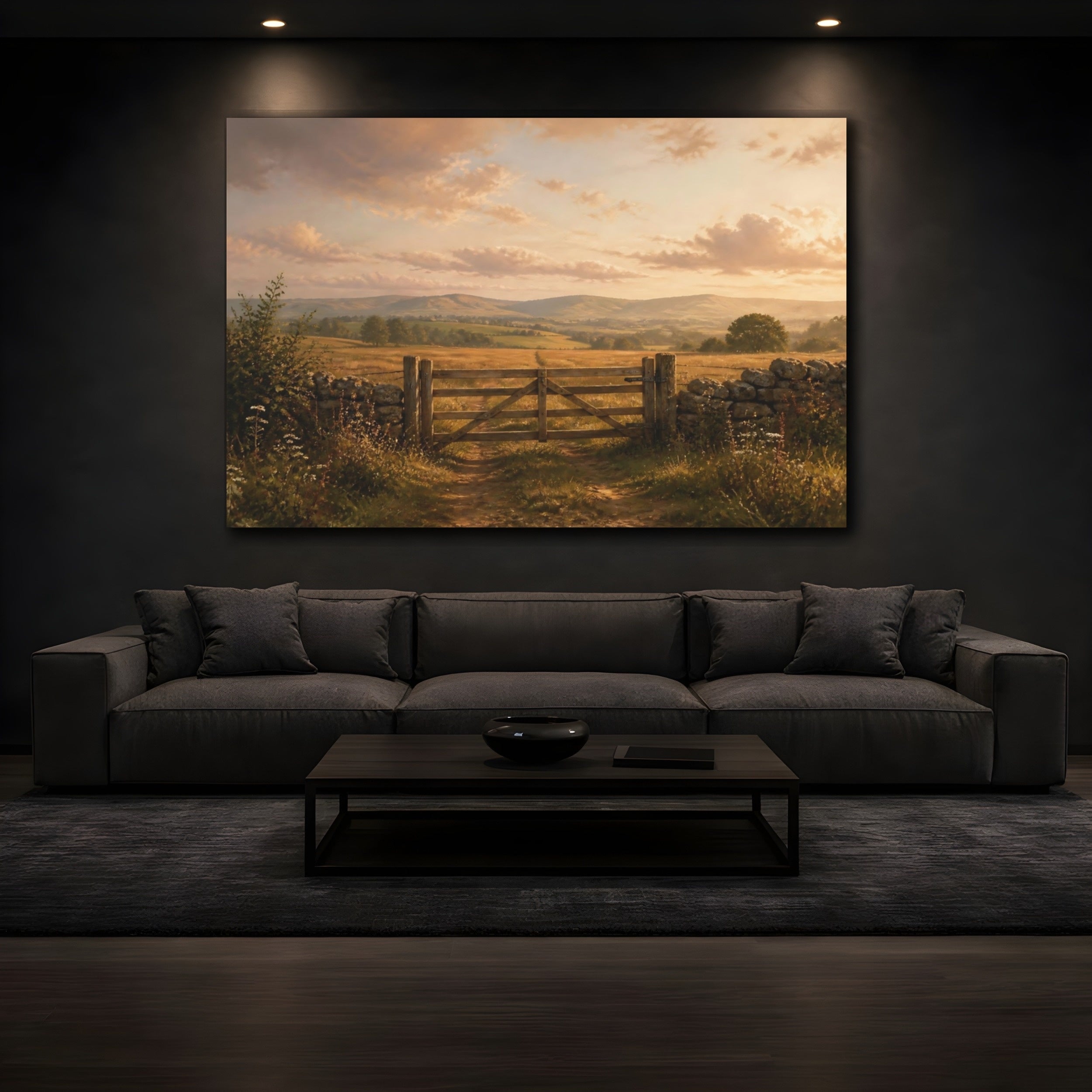 Mockup 3. Nature Farm Gate Golden Countryside shown as stretched canvas wall art