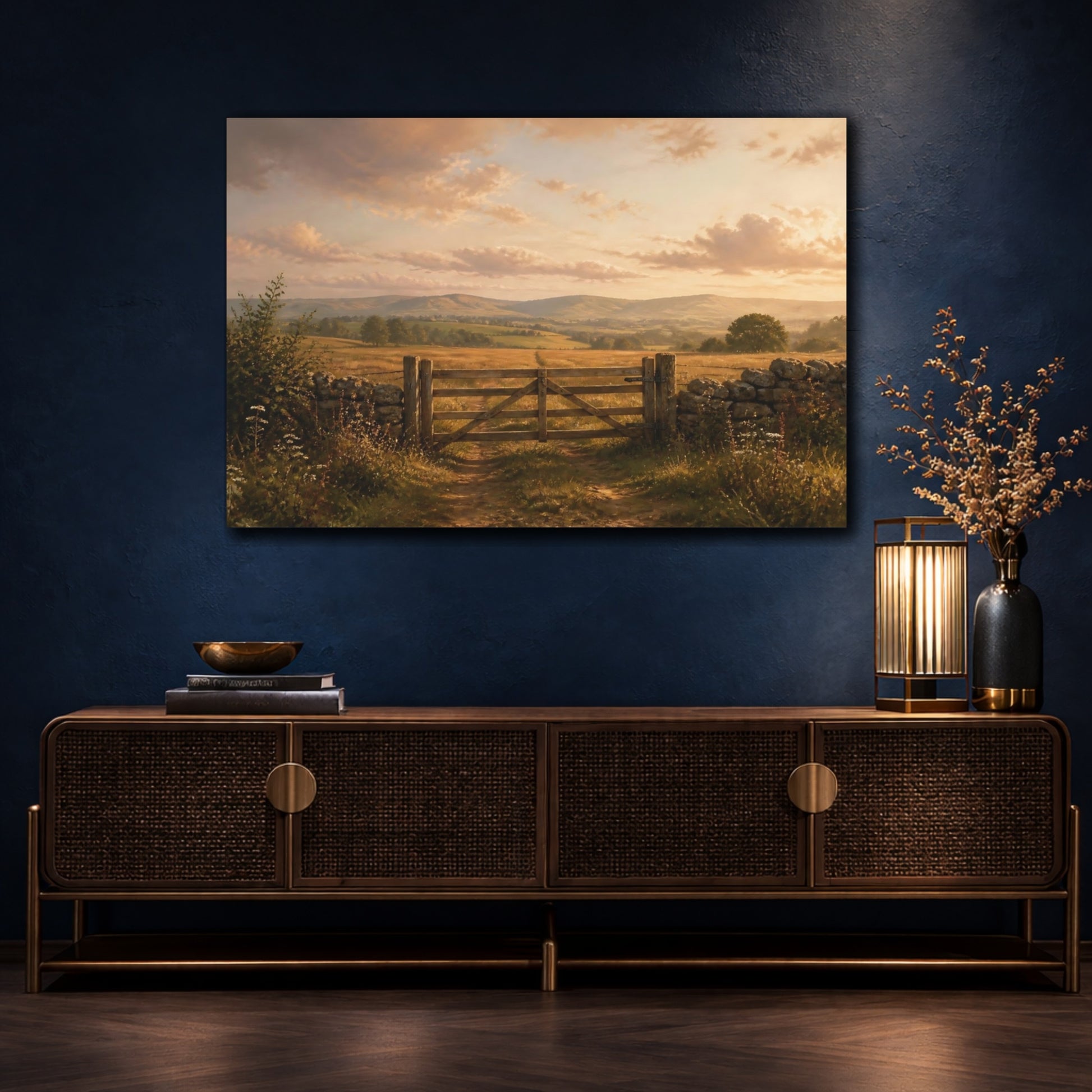 Mockup 4. Nature Farm Gate Golden Countryside shown as stretched canvas wall art