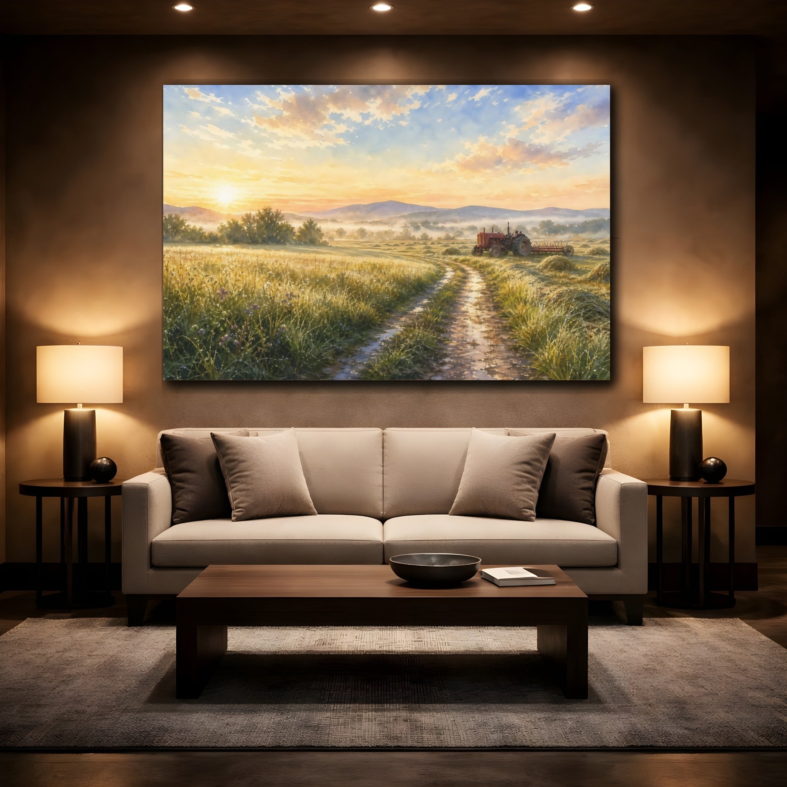 Mockup 2. Nature Farm Landscape Golden Farm Scene shown as stretched canvas wall art