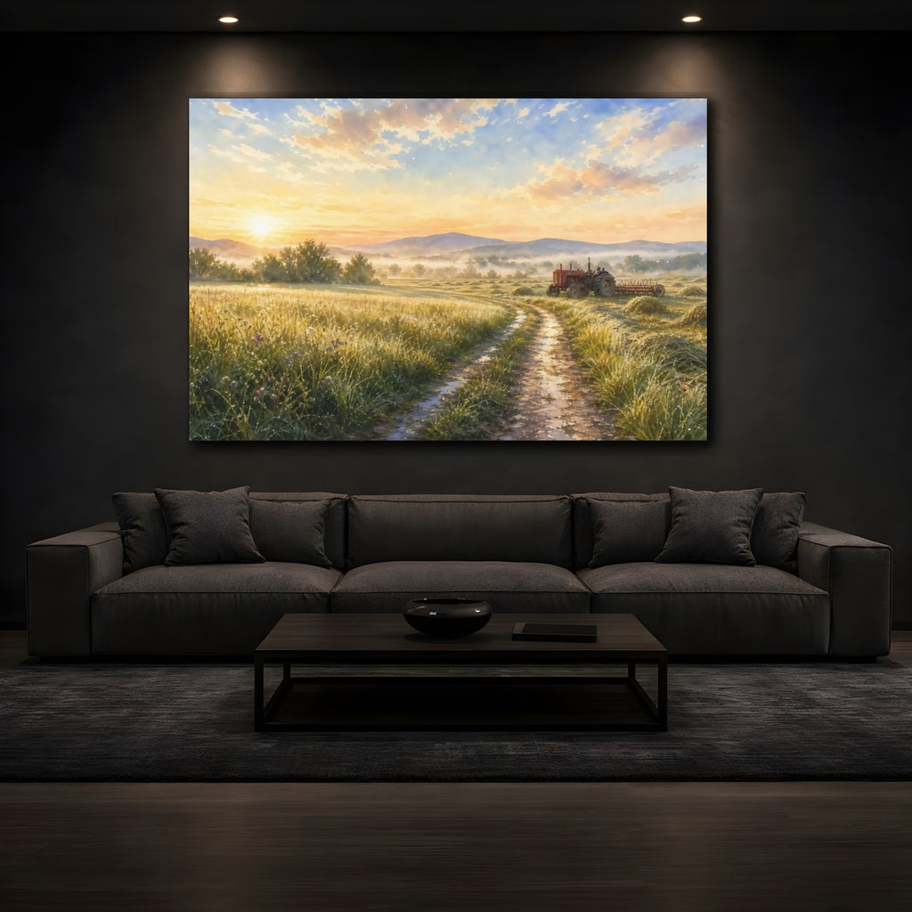 Mockup 3. Nature Farm Landscape Golden Farm Scene shown as stretched canvas wall art