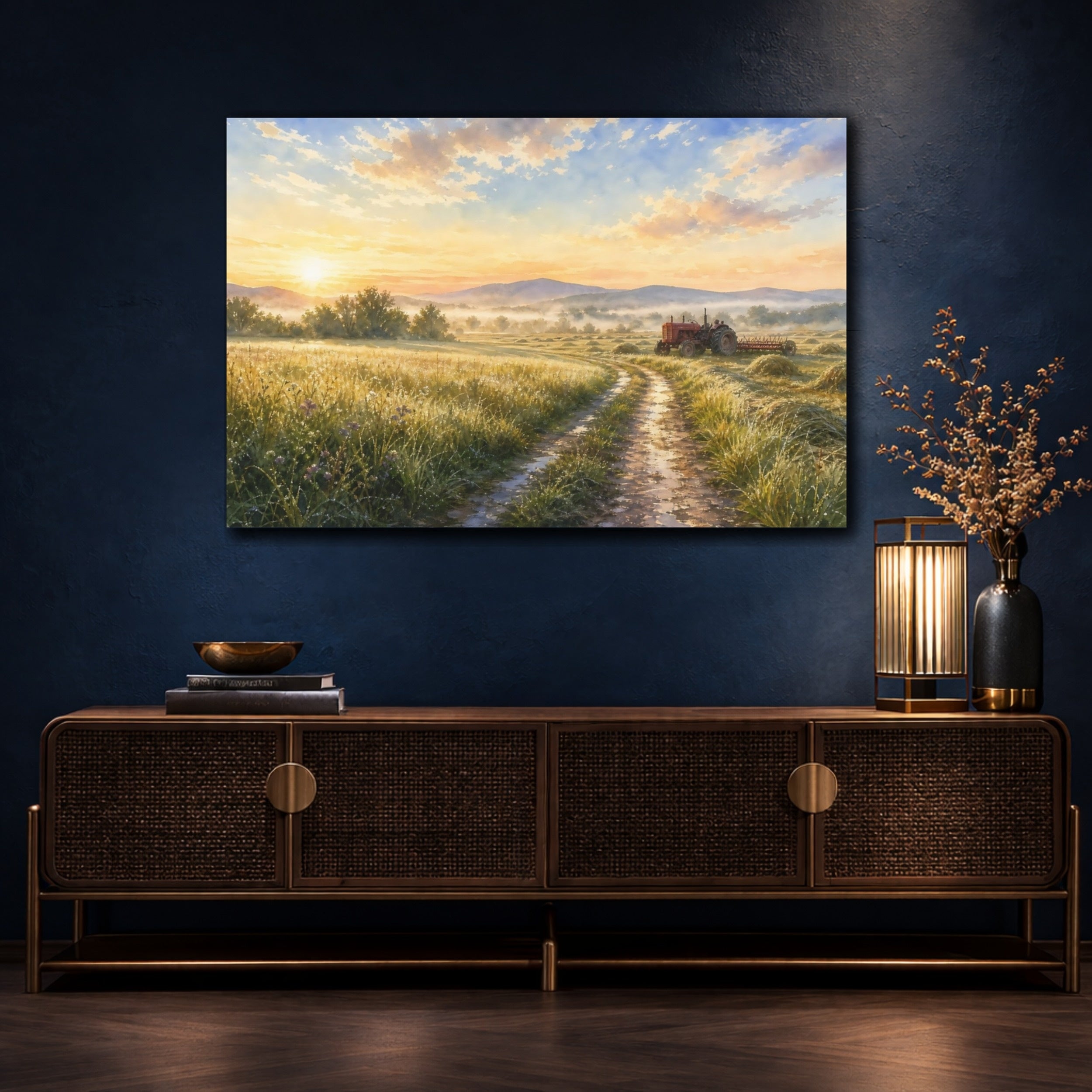 Mockup 4. Nature Farm Landscape Golden Farm Scene shown as stretched canvas wall art