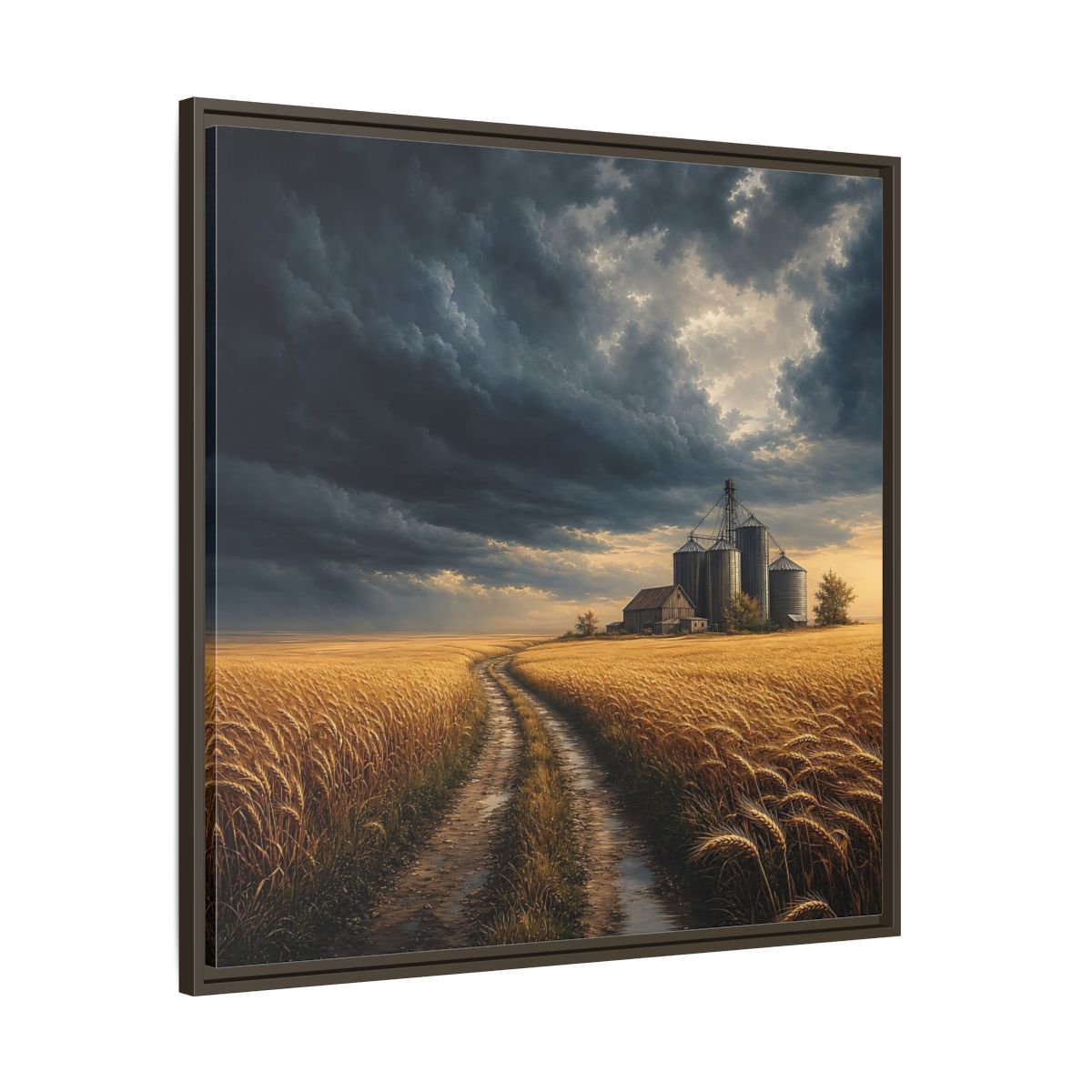Main Mockup. Nature Farm Landscape Golden Field Storm shown as stretched canvas wall art