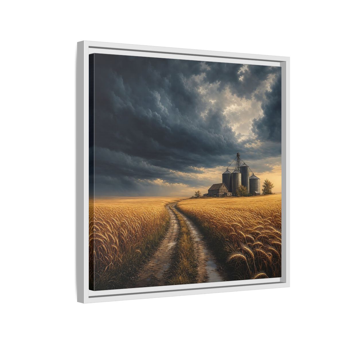 Side Mockup 10. Nature Farm Landscape Golden Field Storm shown as stretched canvas wall art