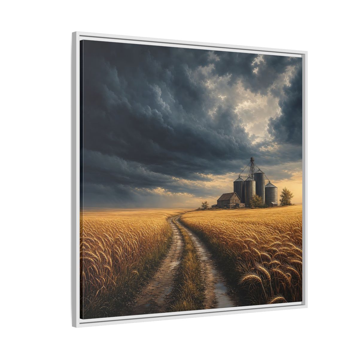 Side Mockup 4. Nature Farm Landscape Golden Field Storm shown as stretched canvas wall art