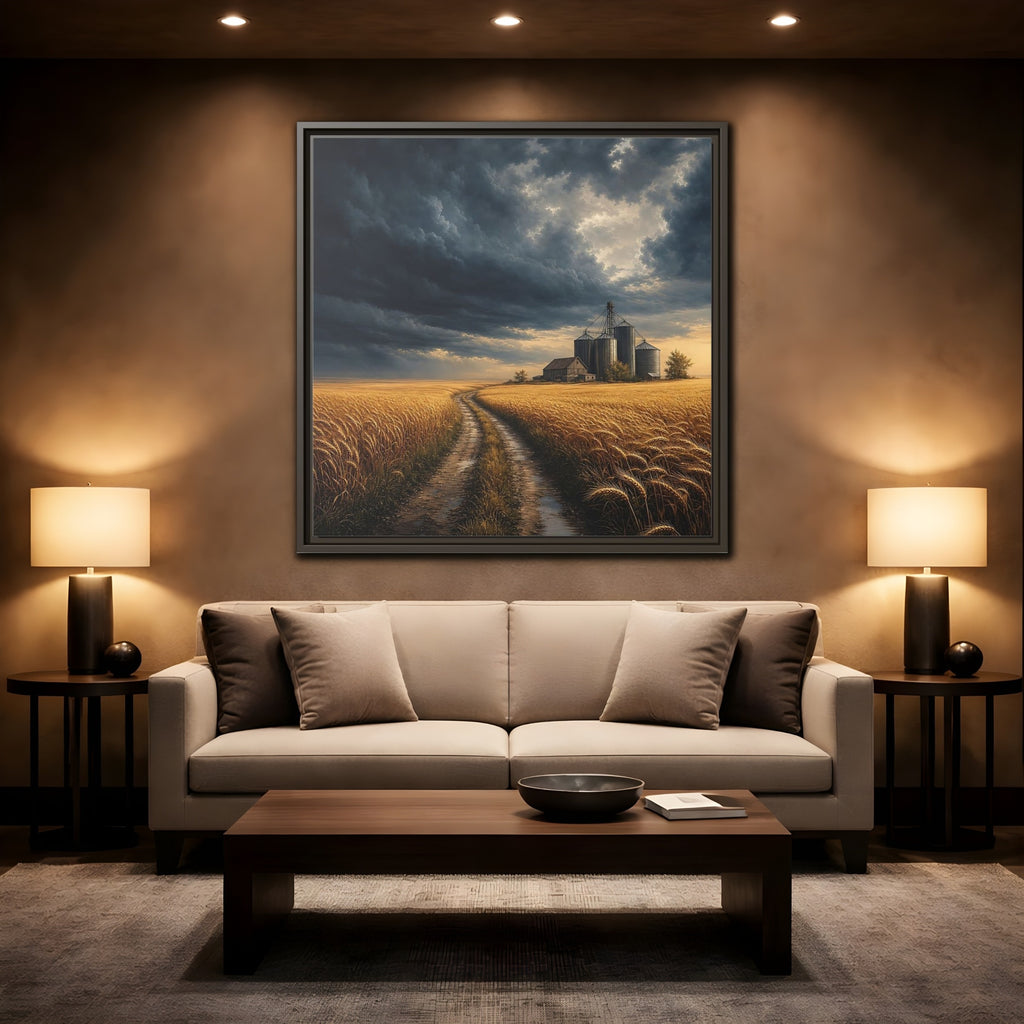 Mockup 2. Nature Farm Landscape Golden Field Storm shown as stretched canvas wall art