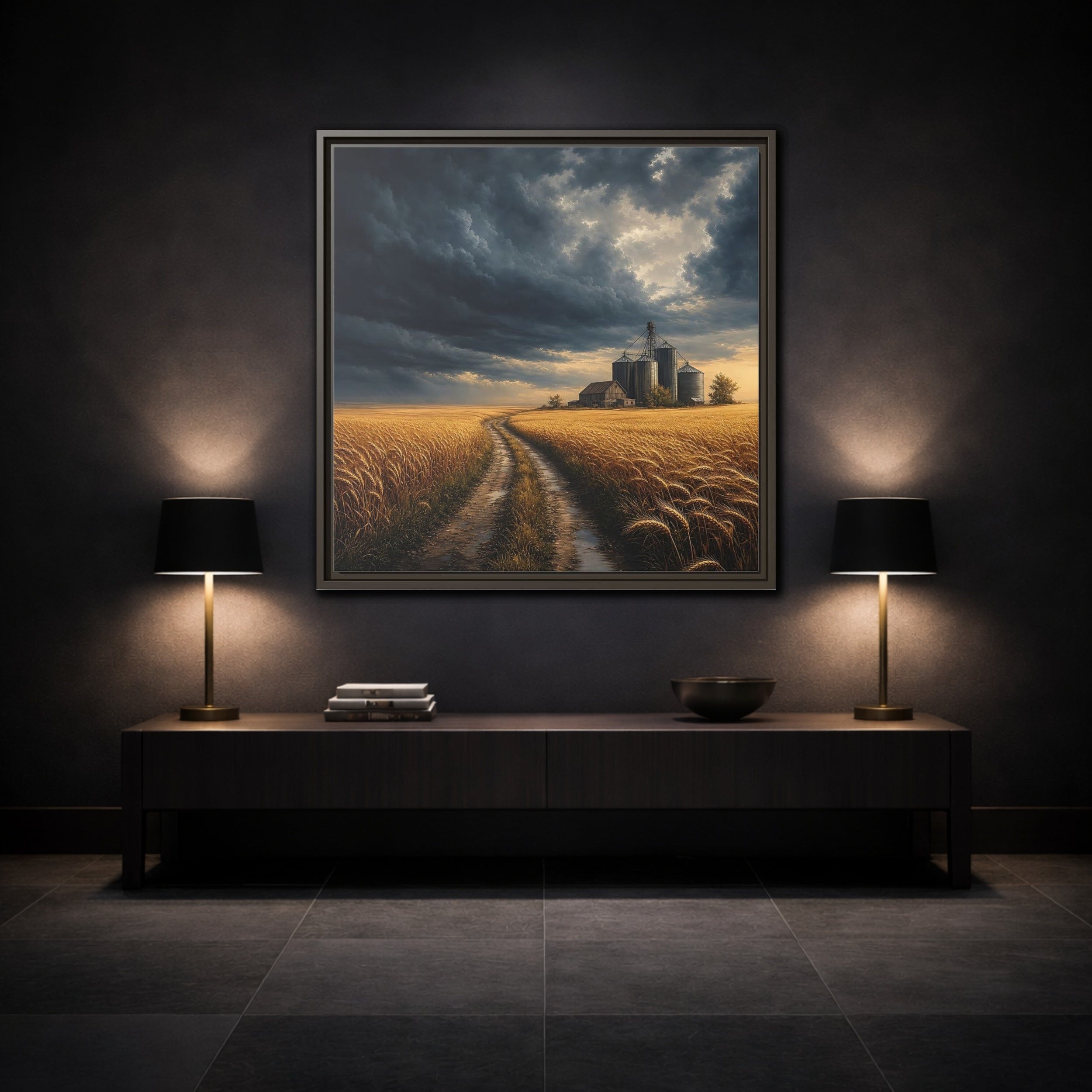 Mockup 3. Nature Farm Landscape Golden Field Storm shown as stretched canvas wall art