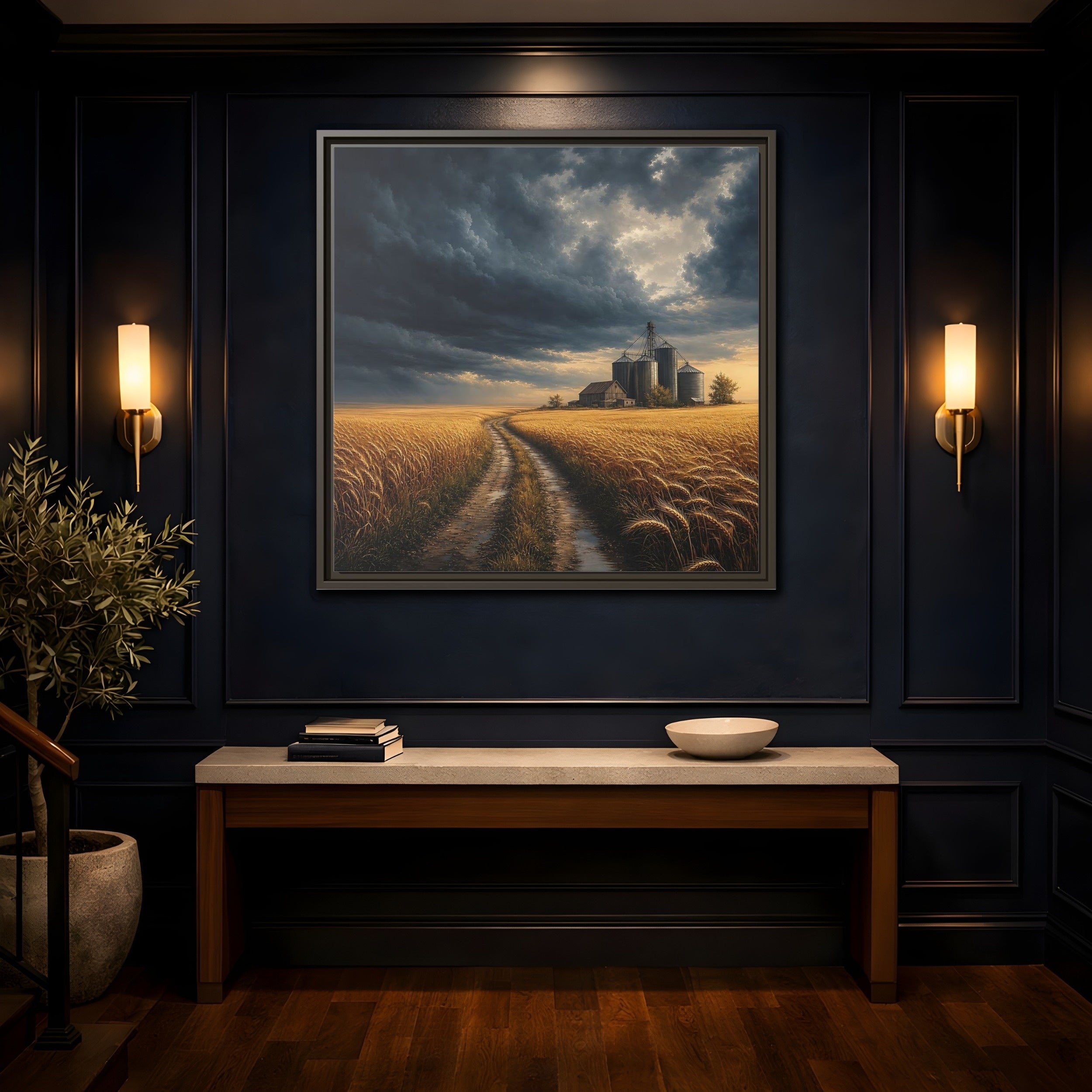 Mockup 4. Nature Farm Landscape Golden Field Storm shown as stretched canvas wall art