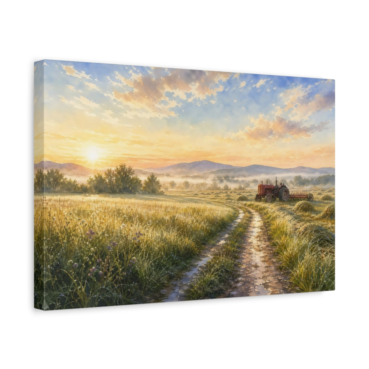 Side Mockup 4. Nature Farm Landscape Golden Farm Scene shown as stretched canvas wall art
