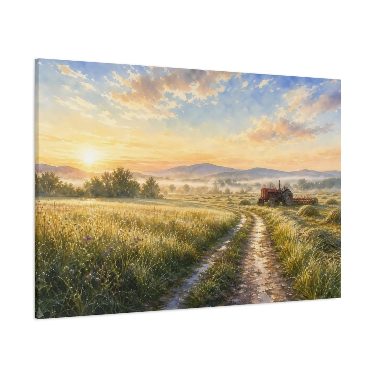 Side Mockup 1. Nature Farm Landscape Golden Farm Scene shown as stretched canvas wall art
