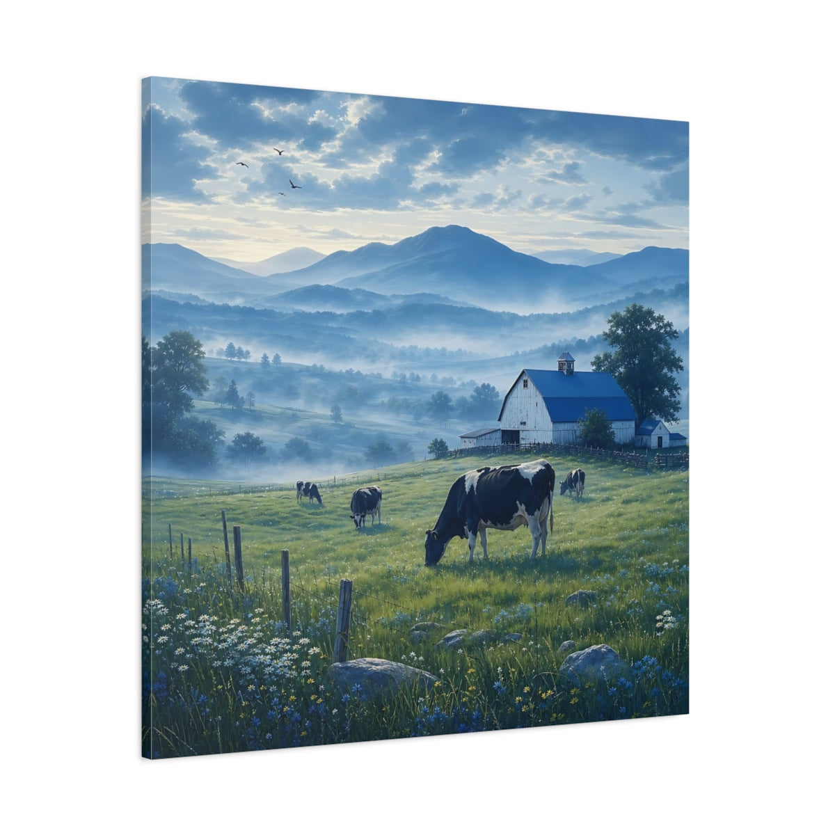 Side Mockup 1. Nature Farm Landscape Misty Farm shown as stretched canvas wall art