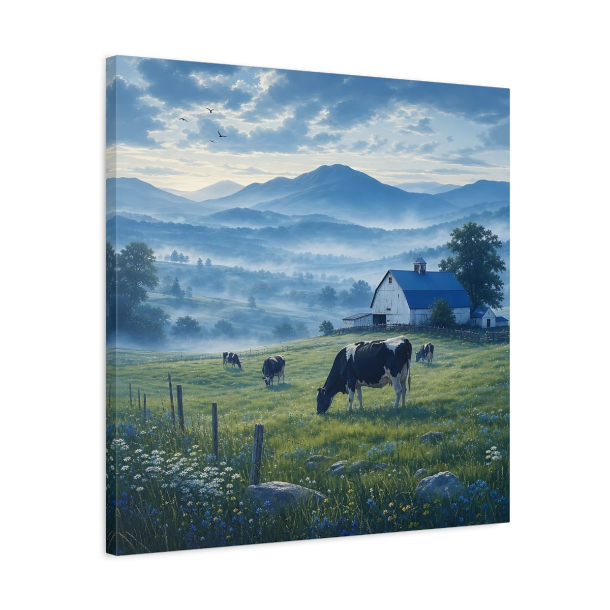 Side Mockup 4. Nature Farm Landscape Misty Farm shown as stretched canvas wall art