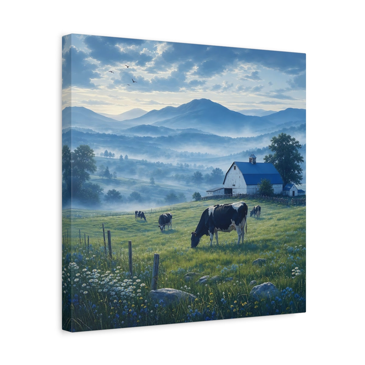 Side Mockup 6. Nature Farm Landscape Misty Farm shown as stretched canvas wall art