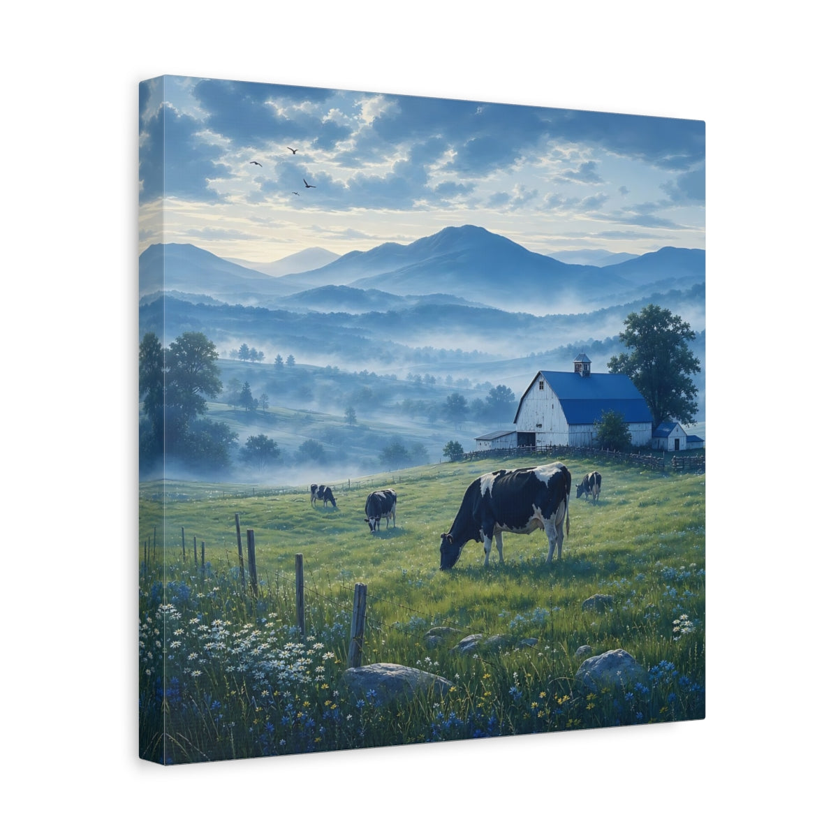 Side Mockup 7. Nature Farm Landscape Misty Farm shown as stretched canvas wall art