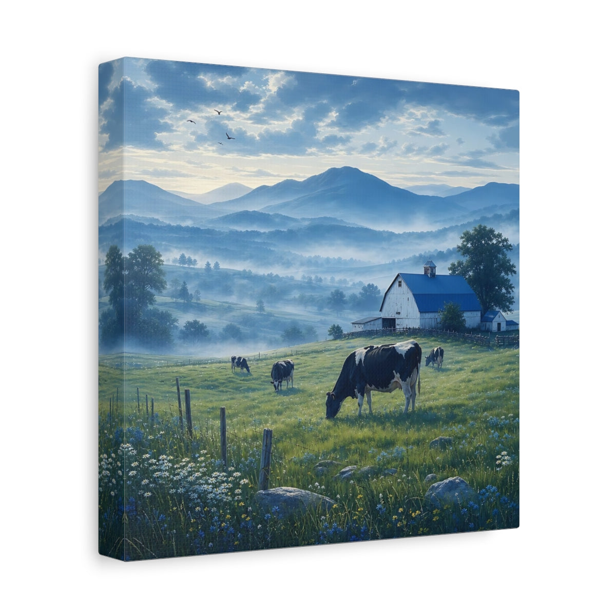 Side Mockup 9. Nature Farm Landscape Misty Farm shown as stretched canvas wall art