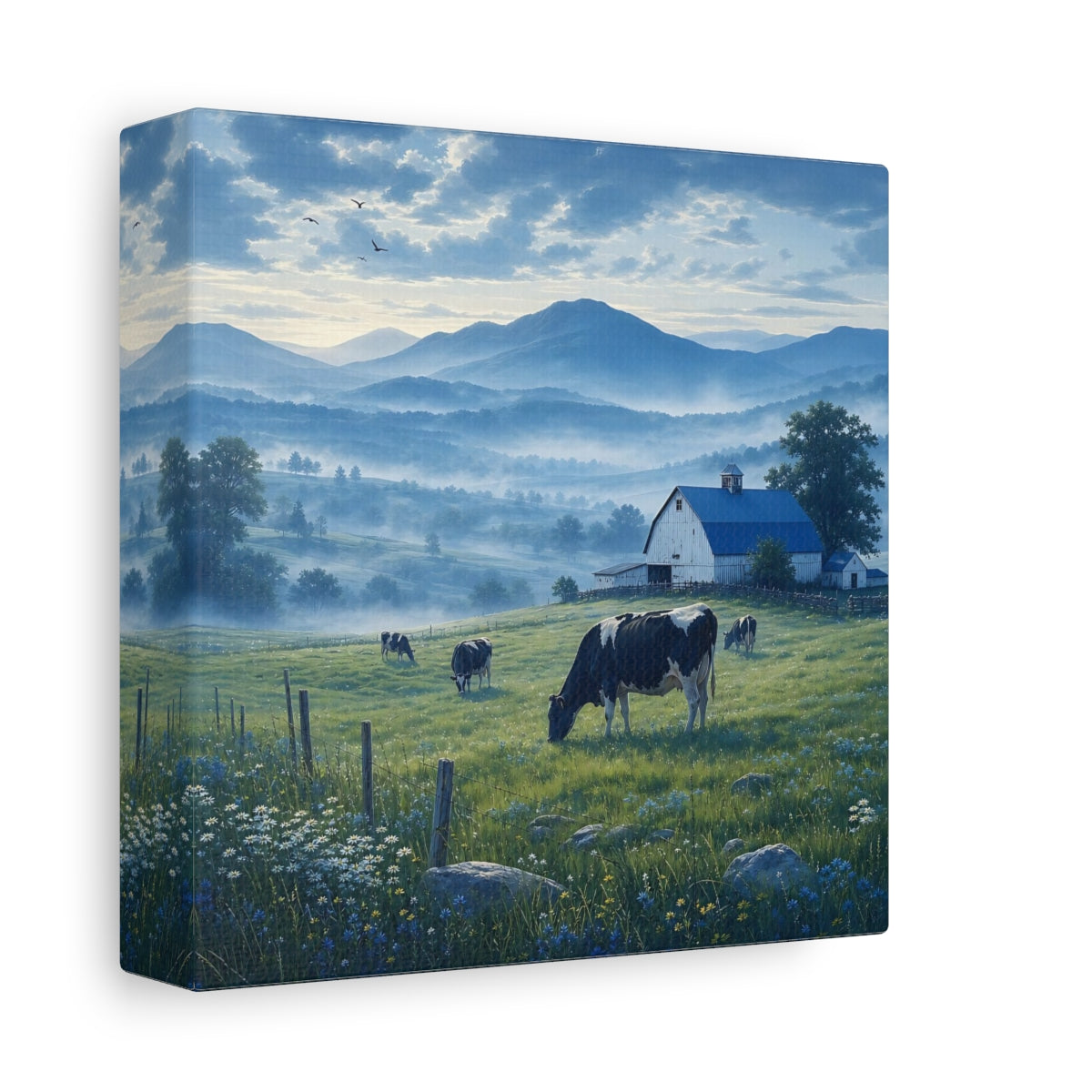 Side Mockup 2. Nature Farm Landscape Misty Farm shown as stretched canvas wall art