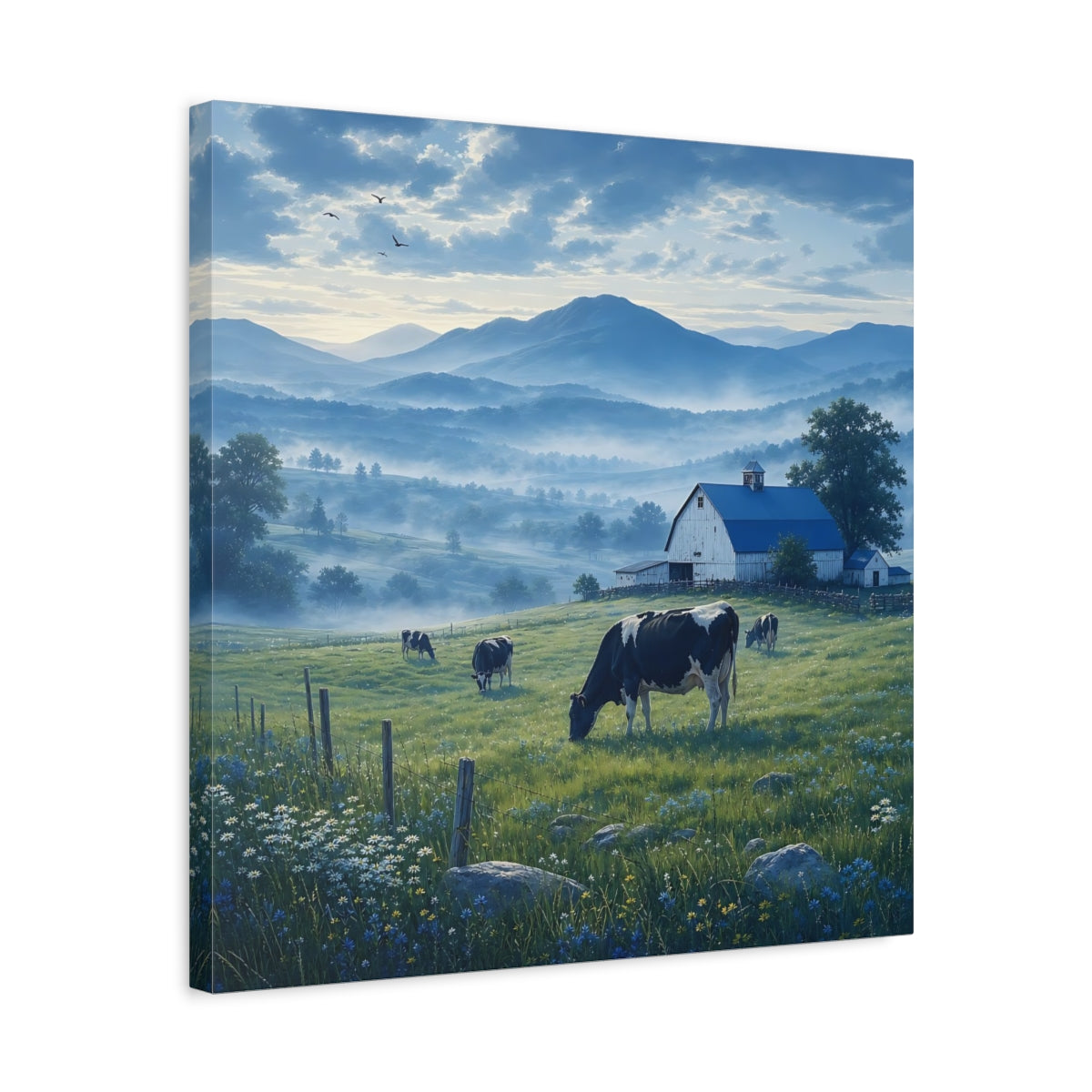 Side Mockup 5. Nature Farm Landscape Misty Farm shown as stretched canvas wall art