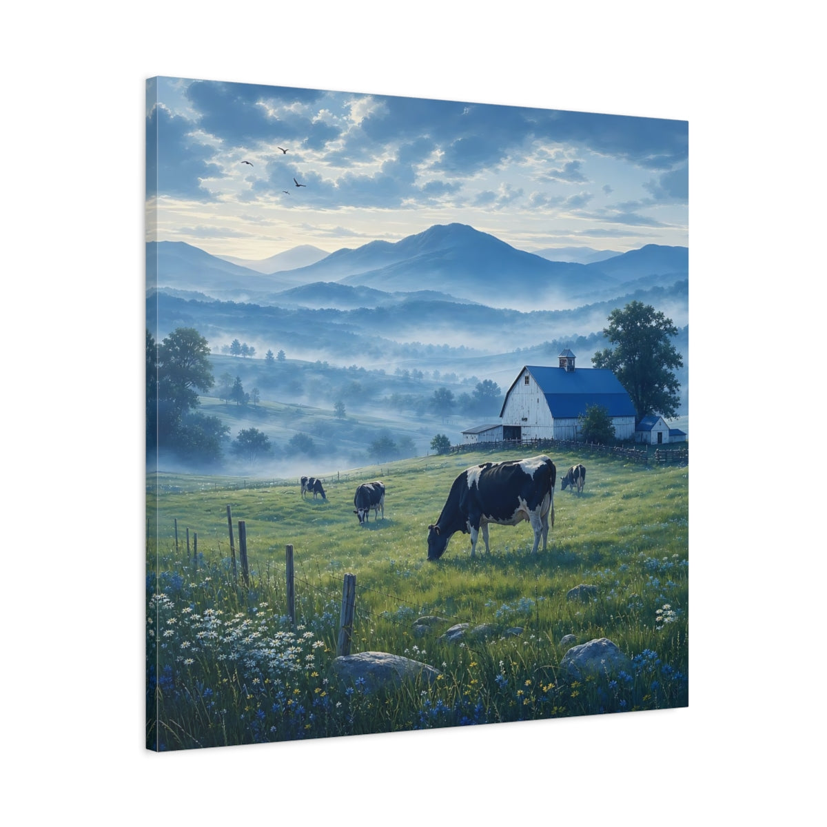Side Mockup 3. Nature Farm Landscape Misty Farm shown as stretched canvas wall art