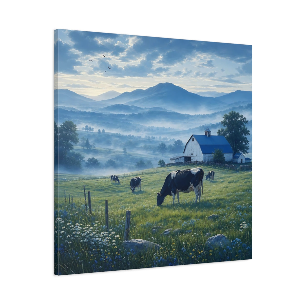 Main Mockup. Nature Farm Landscape Misty Farm shown as stretched canvas wall art