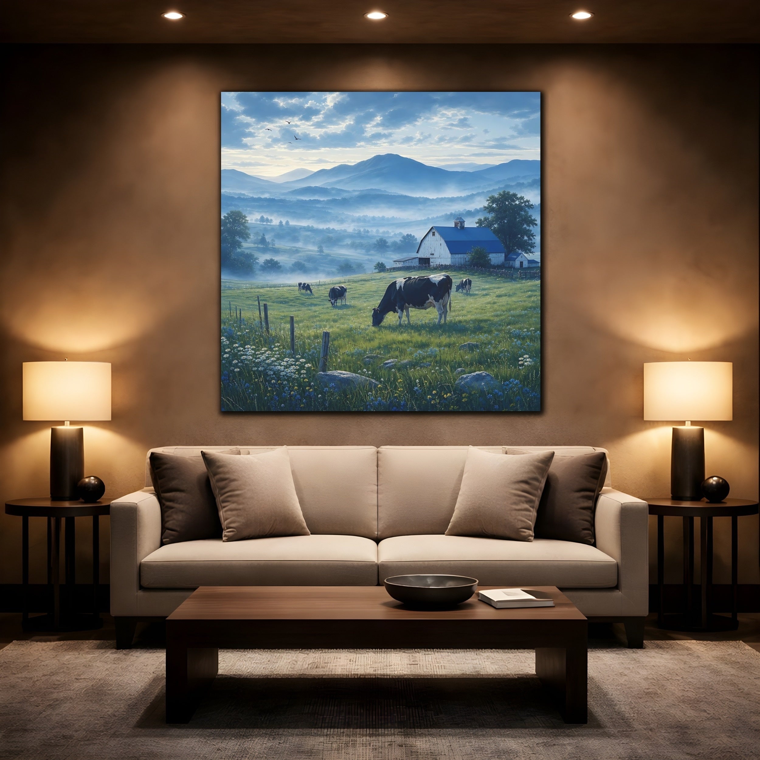 Mockup 2. Nature Farm Landscape Misty Farm shown as stretched canvas wall art