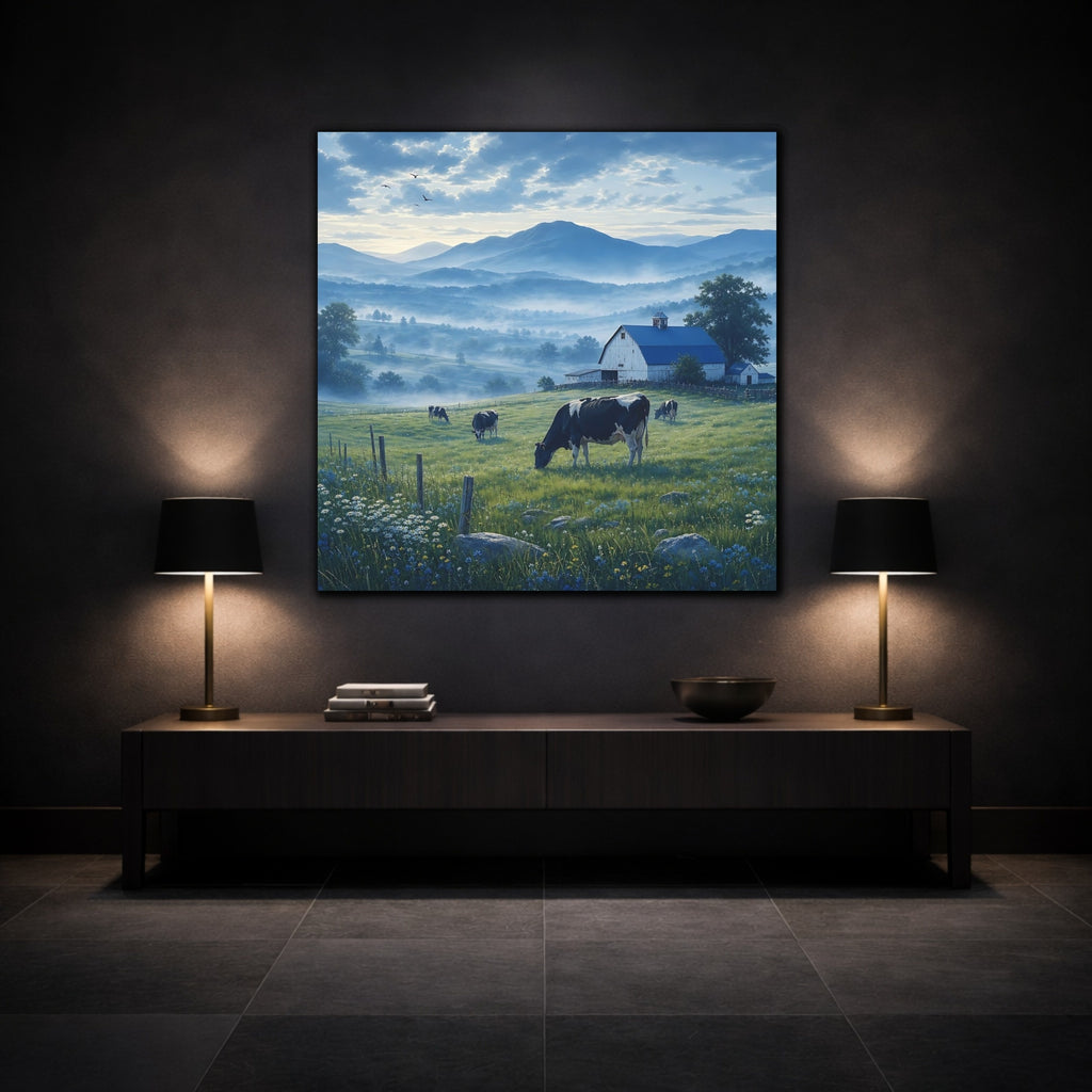 Mockup 3. Nature Farm Landscape Misty Farm shown as stretched canvas wall art