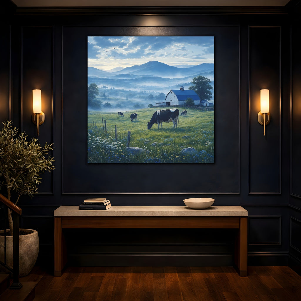Mockup 4. Nature Farm Landscape Misty Farm shown as stretched canvas wall art
