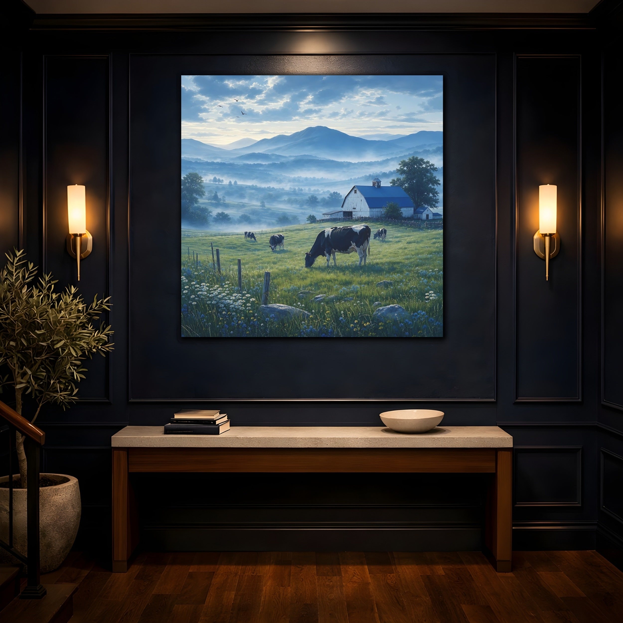 Mockup 4. Nature Farm Landscape Misty Farm shown as stretched canvas wall art