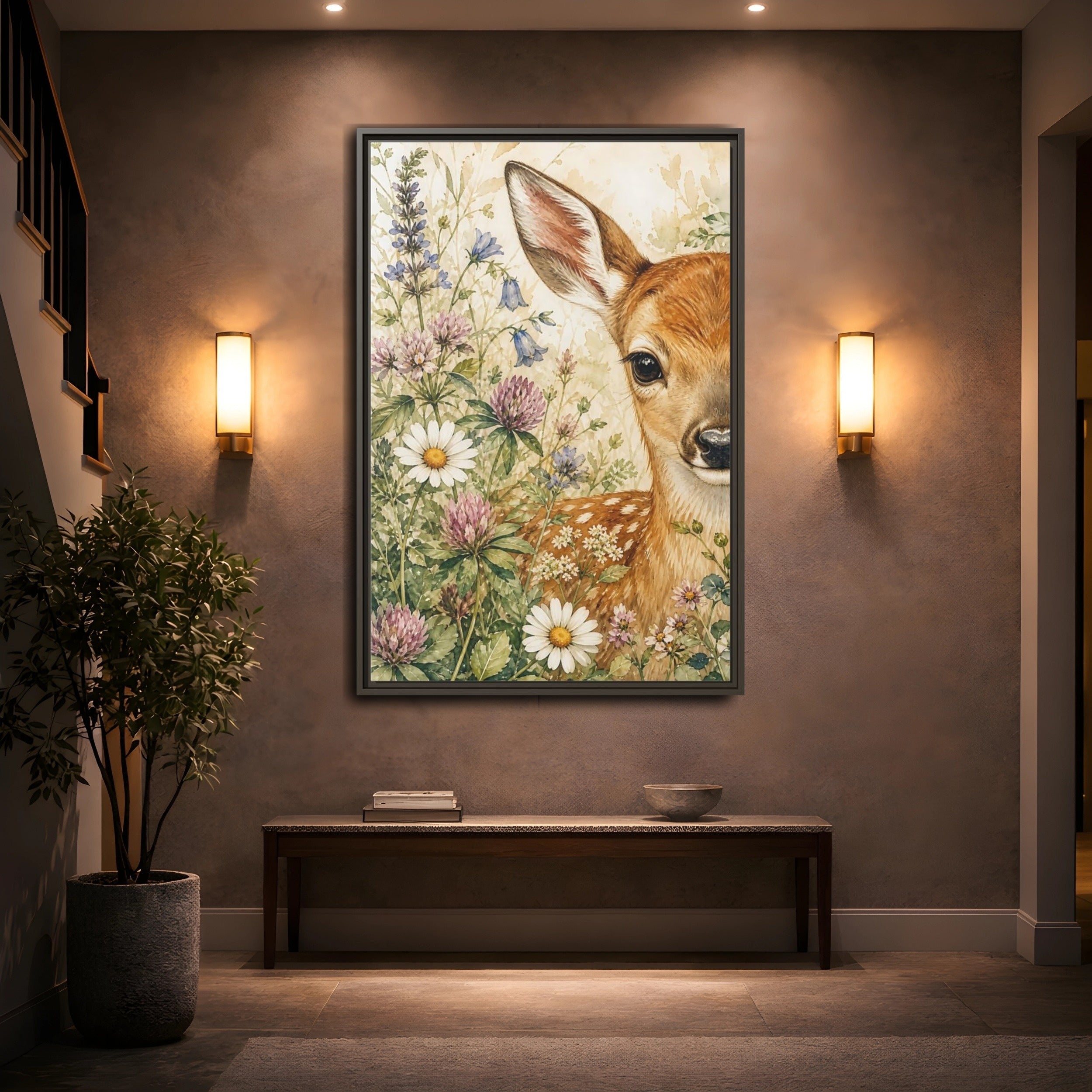 Mockup 2. Nature Fawn Fawn Meadow shown as stretched canvas wall art