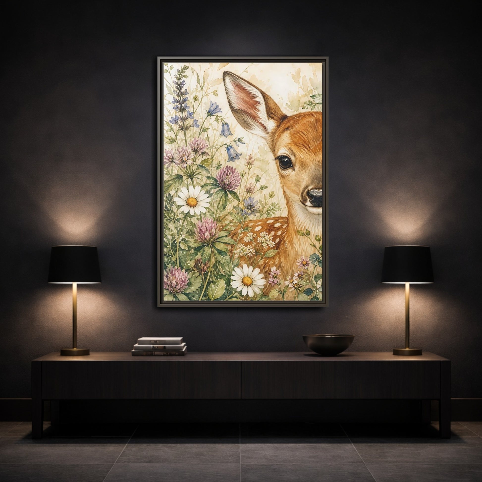 Mockup 3. Nature Fawn Fawn Meadow shown as stretched canvas wall art