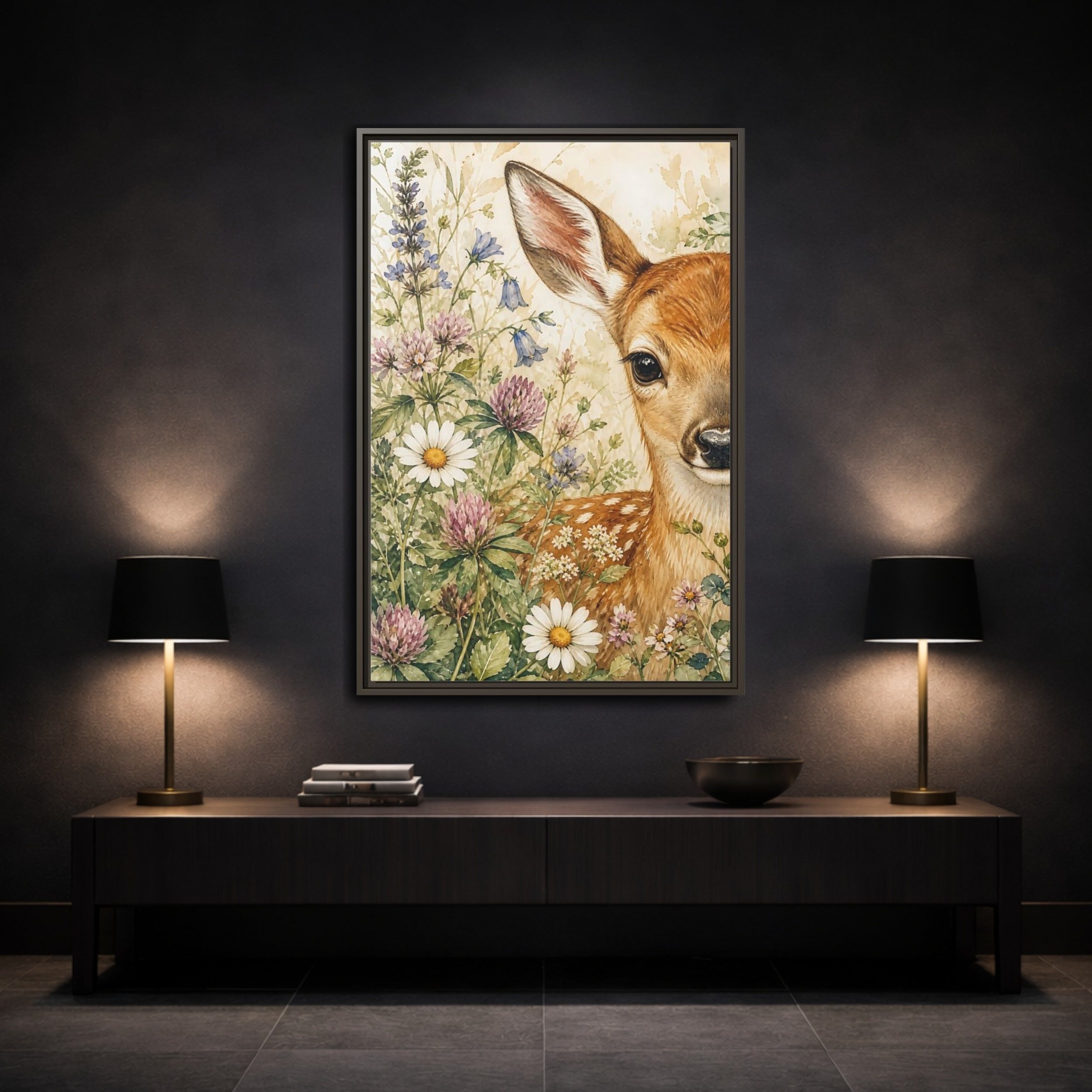 Mockup 3. Nature Fawn Fawn Meadow shown as stretched canvas wall art