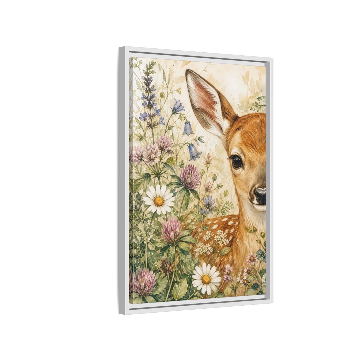 Side Mockup 1. Nature Fawn Fawn Meadow shown as stretched canvas wall art
