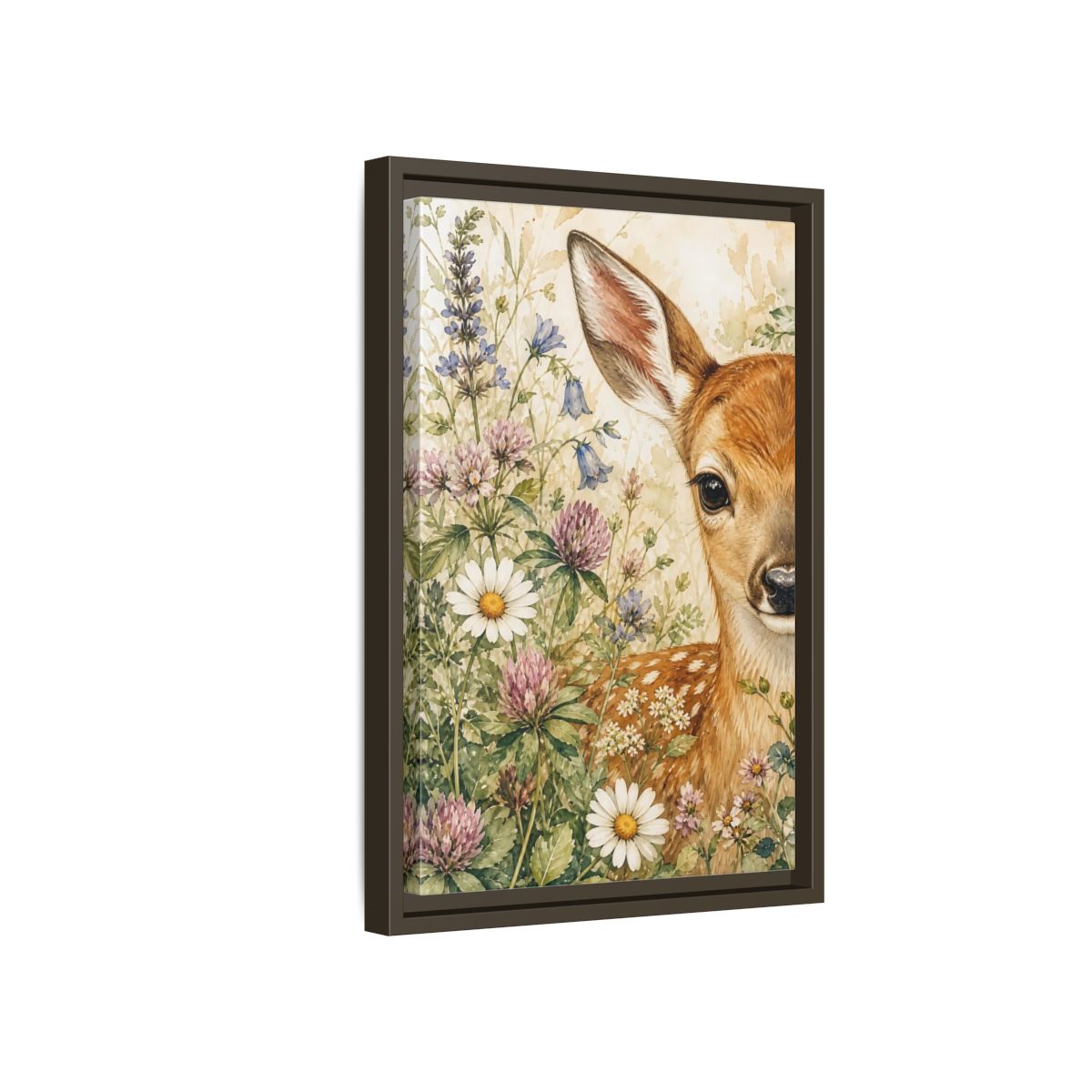 Side Mockup 5. Nature Fawn Fawn Meadow shown as stretched canvas wall art