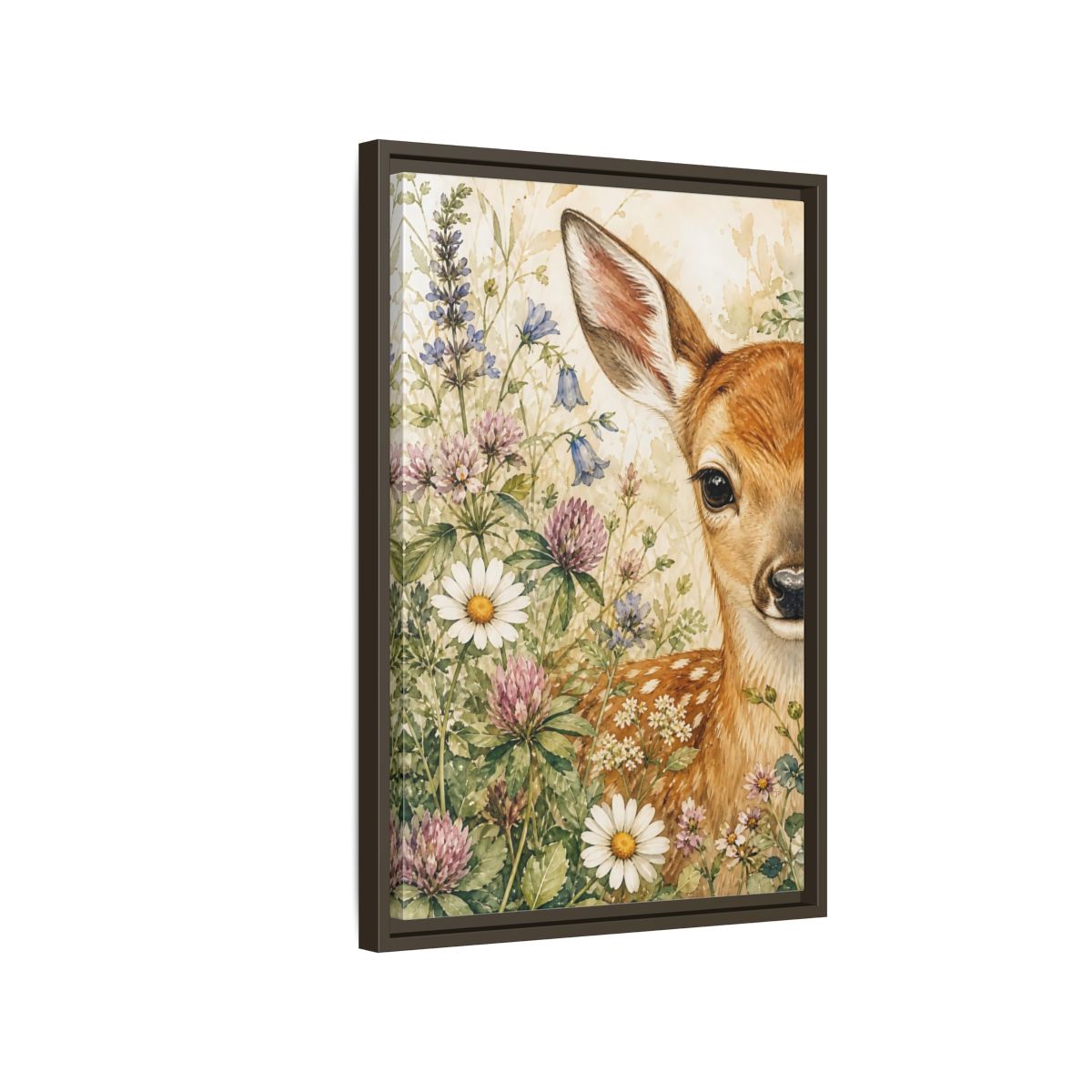 Side Mockup 2. Nature Fawn Fawn Meadow shown as stretched canvas wall art