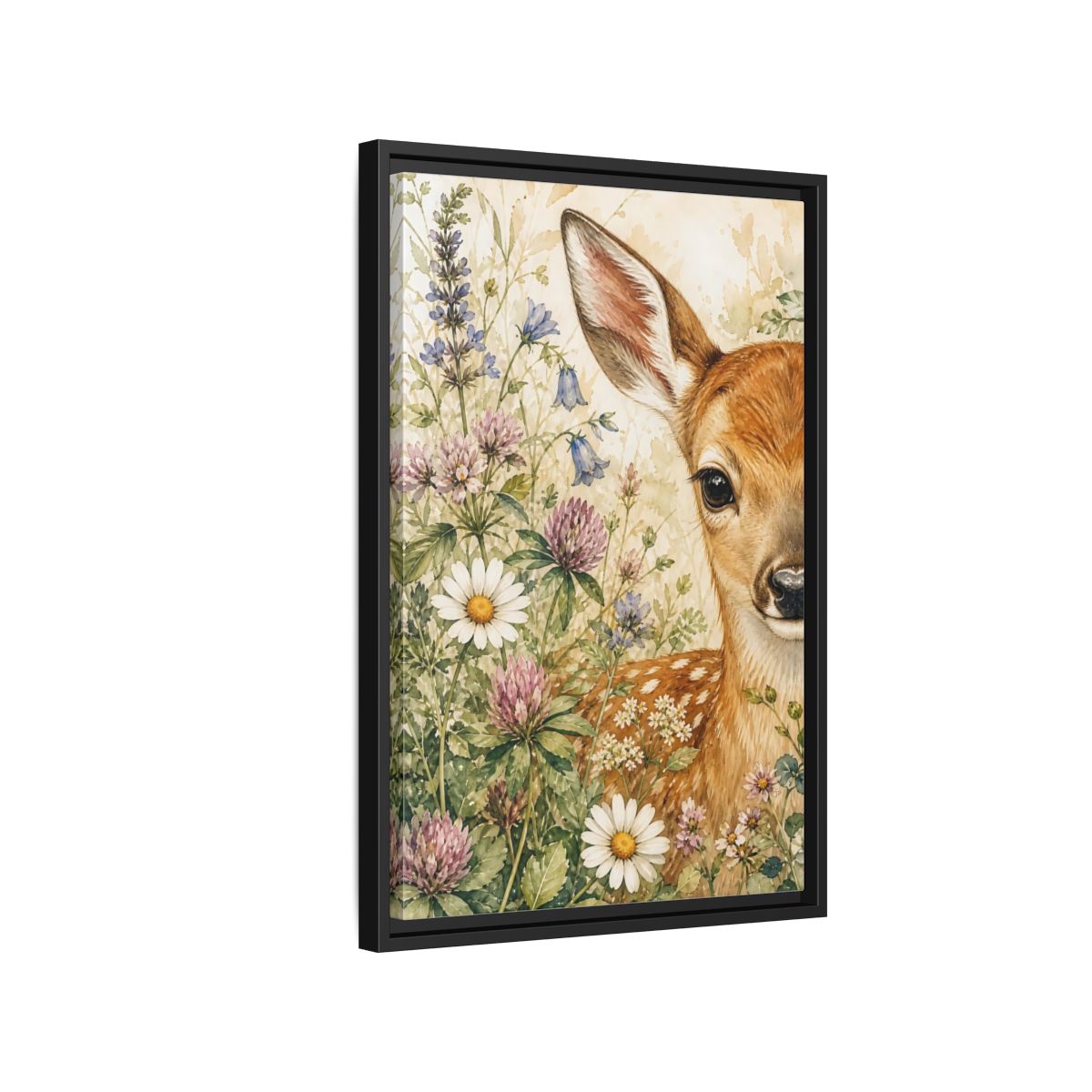 Side Mockup 3. Nature Fawn Fawn Meadow shown as stretched canvas wall art