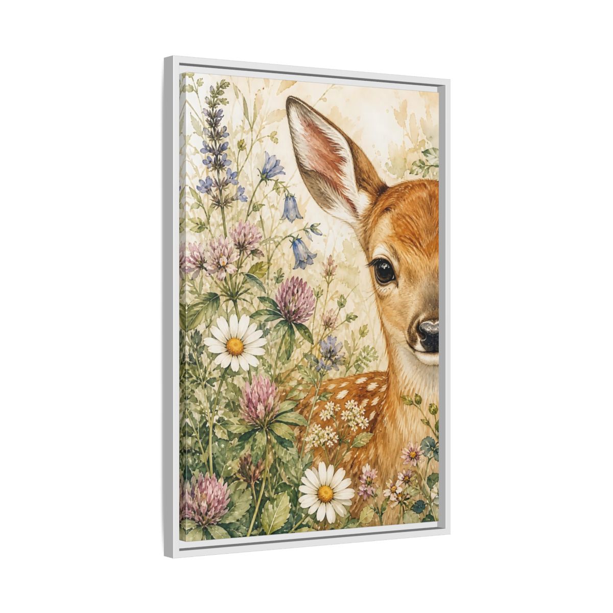 Side Mockup 10. Nature Fawn Fawn Meadow shown as stretched canvas wall art