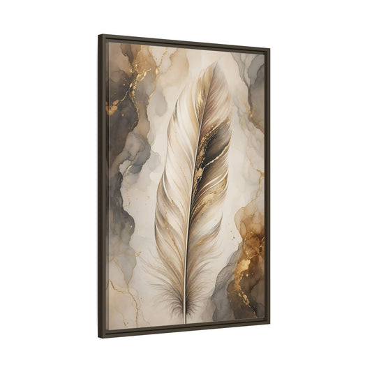 Main Mockup. Nature Feather Gold Feather shown as stretched canvas wall art