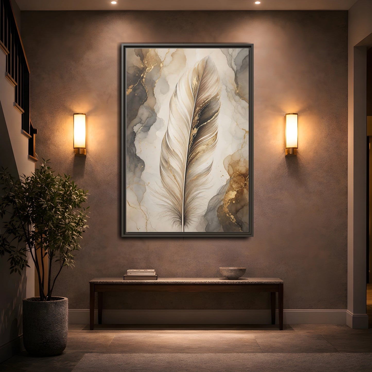 Nature Feather Gold Framed Canvas Wall Art - Living Room, Above Sofa shown as canvas wall art