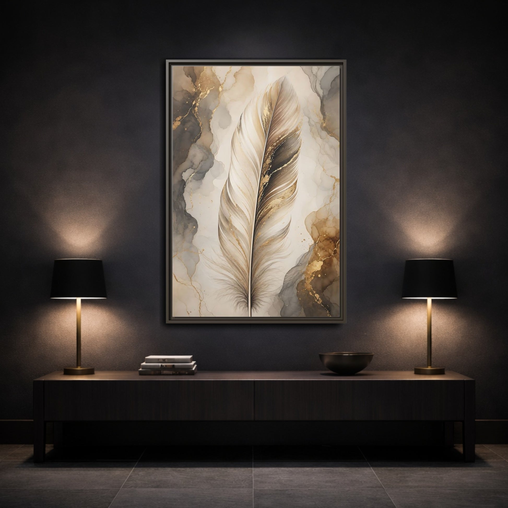Nature Feather Gold Framed Canvas Wall Art - Living Room, Above Sofa shown as canvas wall art