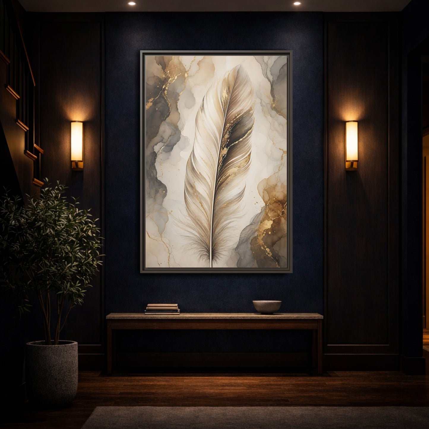 Nature Feather Gold Framed Canvas Wall Art - Living Room, Above Sofa shown as canvas wall art