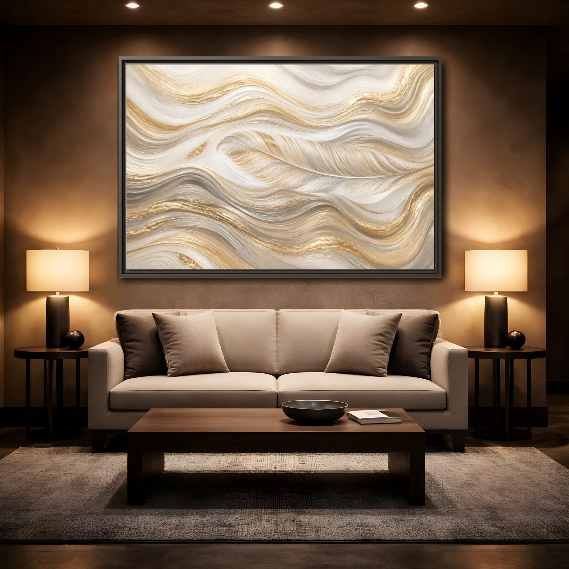 Mockup 2. Nature Feathers Gold White Feathers shown as stretched canvas wall art