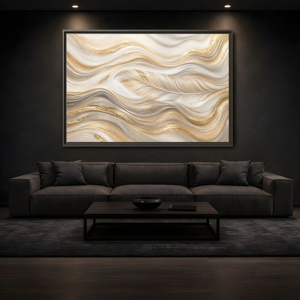 Mockup 3. Nature Feathers Gold White Feathers shown as stretched canvas wall art