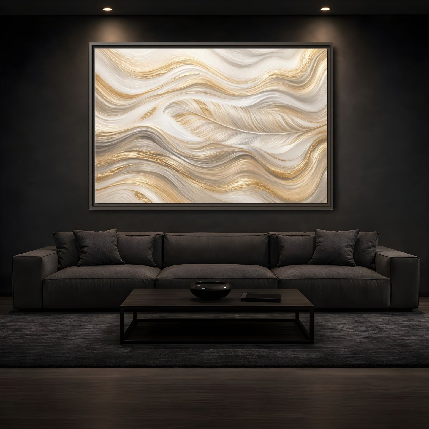 Mockup 3. Nature Feathers Gold White Feathers shown as stretched canvas wall art